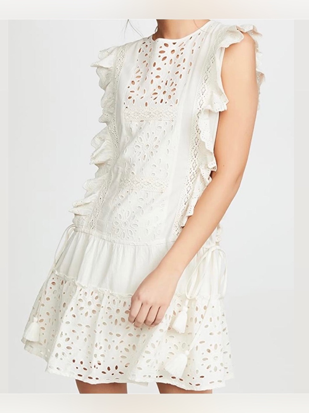 MISA eyelet embroidered mini dress ruffle flutter sleeves cotton marieta - Picture 2 of 10